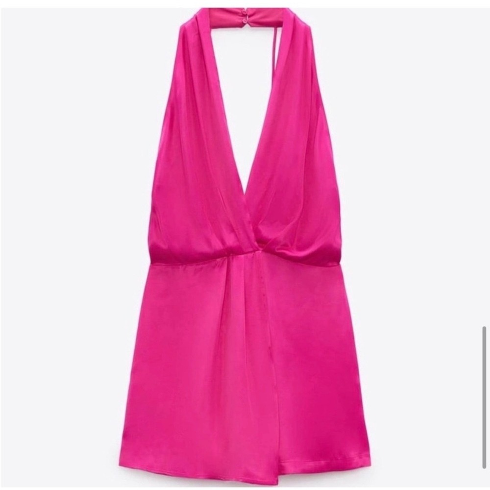 ZARA Fuschia Satin Halter Open Back Romper Playsuit Size S